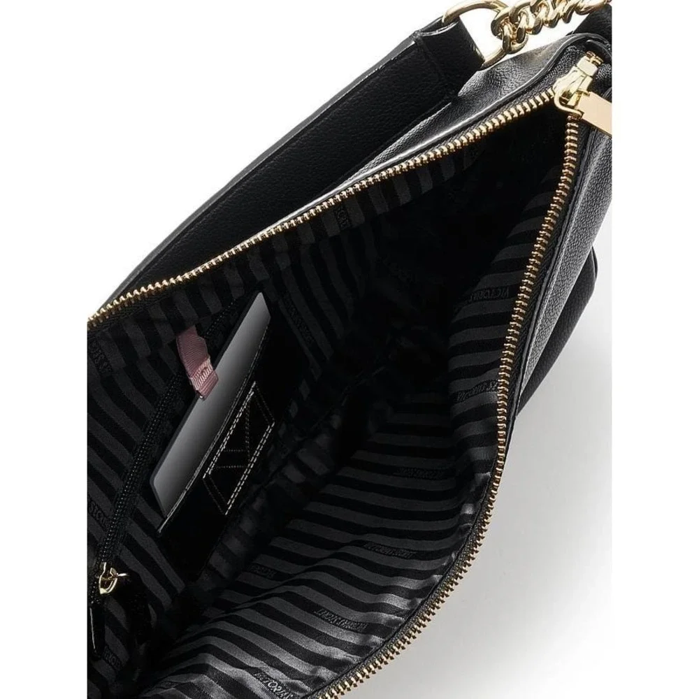 The Victoria Secret Black Pebbled Faux Leather Hobo Shoulder Bag Satchel Tote